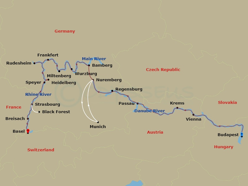 Route map: Budapest, Hungary (Embarkation) → Vienna, Austria → Vienna → Krems → Passau, Germany → Regensburg → Nuremberg → Nuremberg Excursion To Munich → Nuremberg → Bamberg