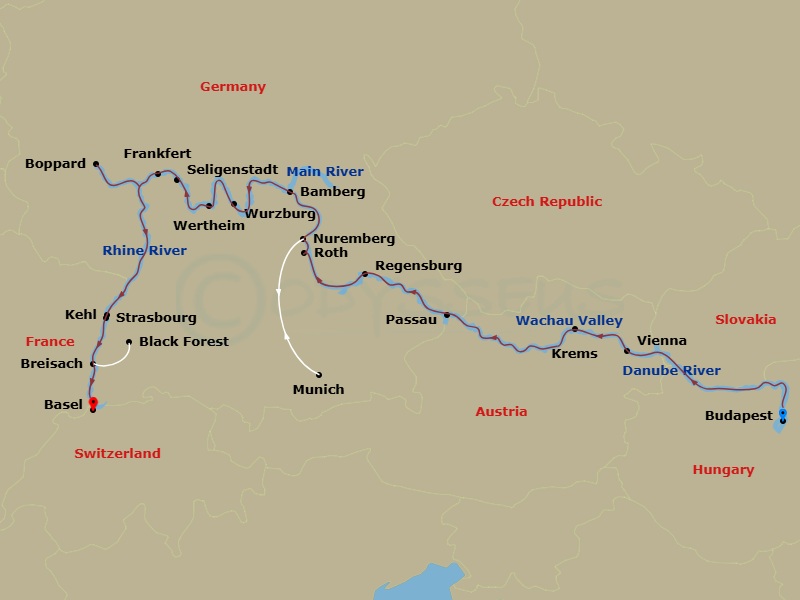 Route map: Budapest, Hungary → Budapest → Budapest (Embarkation) → Vienna, Austria → Vienna → Krems-Wachau Valley → Passau, Germany → Regensburg → Roth Excursion To Nuremberg → Nuremberg-Excursion To Munich