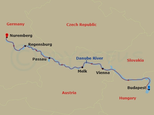 Route map: Budapest → Vienna → Melk → Passau → Regensburg → Nuremberg