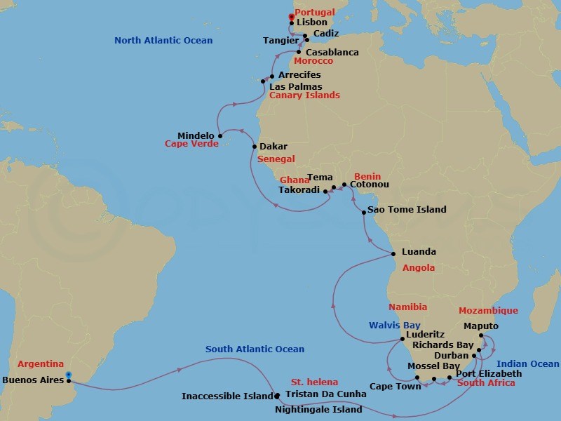Route map: Buenos Aires, Argentina → Tristan da Cunha, St Helena, Ascension & Tristan da Cunha → Nightingale Island, St Helena, Ascension & Tristan da Cunha → Richards Bay, South Africa → Maputo, Mozambique → Durban, South Africa → Gqeberha (Port Elizabeth), South Africa → Mossel Bay, South Africa → Cape Town, South Africa → Luderitz, Namibia