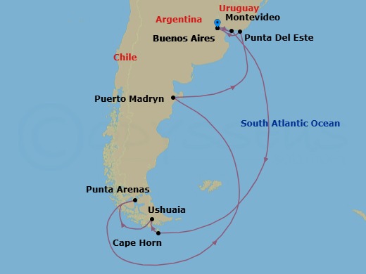 Route map: Buenos Aires → Montevideo → Cape Horn → Ushuaia → The Seabourn Antarctic Experience (Day 2) → Punta Arenas → Puerto Madryn → Punta Del Este → Buenos Aires