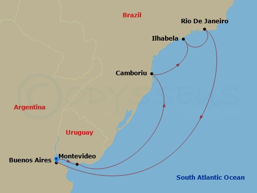 Route map: Buenos Aires → Montevideo → Camboriu (Brazil) → Illhabela → Rio De Janeiro → Buenos Aires