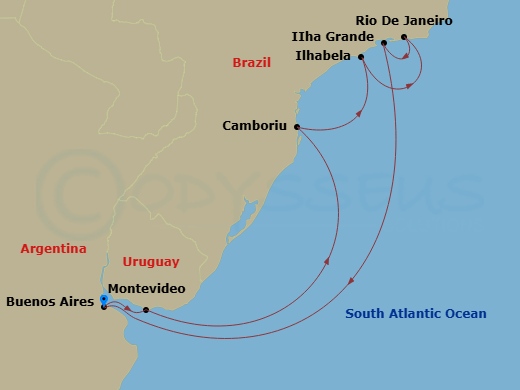 Route map: Buenos Aires → Montevideo → Camboriu (Brazil) → Illhabela → Rio De Janeiro → Copacabana (Rio de Jainero) Brazil → Buenos Aires