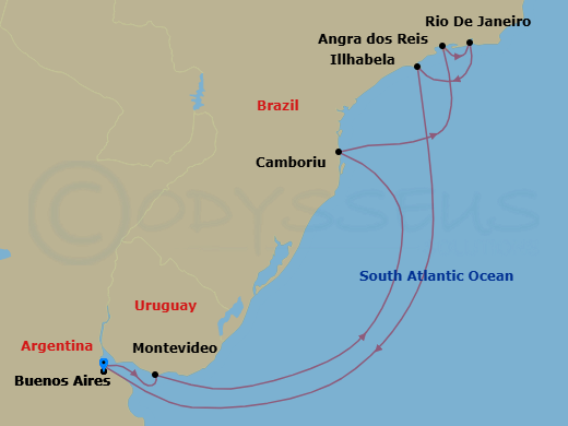 Route map: Buenos Aires (Argentina) → Montevideo (Uruguay) → Camboriu (Brazil) → Baia De Camboriu → Angra Dos Reis → Rio De Janeiro (Brazil) → Baia De Copacabana → Ilhabela (Brazil) → Buenos Aires (Argentina)