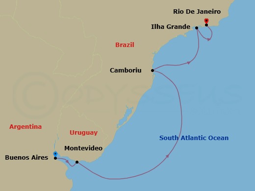 Route map: Buenos Aires → Montevideo → Camboriu (Brazil) → Copacabana (Rio de Jainero) Brazil → Rio De Janeiro