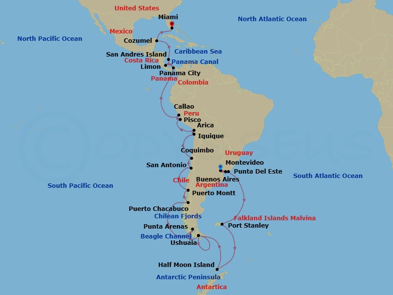 Route map: Buenos Aires → Montevideo → Punta Del Este → Port Stanley → Puerto Chacabuco → Paradise Bay → Antarctic Peninsula → Ushuaia → Ushuaia (Tierra del Fuego), Argentina → Ushuaia
