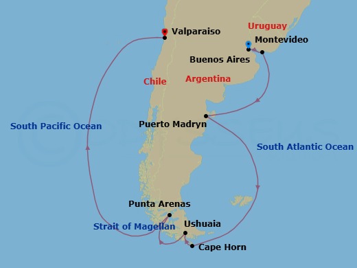 Route map: Buenos Aires → Montevideo → Puerto Madryn → Cape Horn → Ushuaia → Punta Arenas → The Seabourn Antarctic Experience (Day 2) → Valparaiso