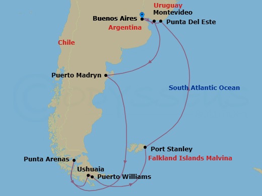 Route map: Buenos Aires → Montevideo → Puerto Madryn (Patagonia) → Punta Arenas → Ushuaia (Tierra del Fuego) → PUERTO WILLIAMS (CHILE) → STANLEY/PUERTO ARGENTINO → Punta del Este → Buenos Aires