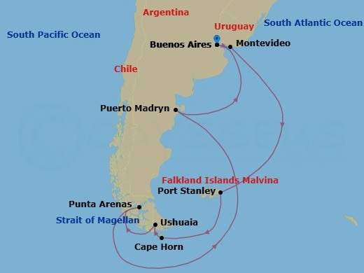 Route map: Buenos Aires → Montevideo → Port Stanley → Cape Horn → Ushuaia → The Seabourn Antarctic Experience (Day 2) → Punta Arenas → Puerto Madryn → Buenos Aires