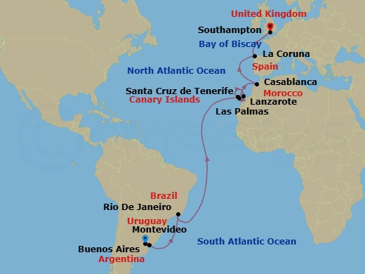 Route map: Buenos Aires, Argentina → Montevideo, Uruguay → Rio de Janeiro, Brazil → Santa Cruz De Tenerife, Spain → Lanzarote (Arrecife), Canary Islands → Gran Canaria (Las Palmas), Canary Islands → Casablanca, Morocco (for Marrakech) → La Coruna, Spain (for Santiago de Compostela) → Southampton (for London), England