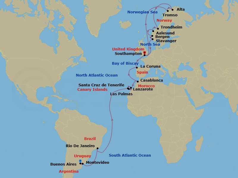 Route map: Buenos Aires, Argentina → Montevideo, Uruguay → Rio de Janeiro, Brazil → Santa Cruz De Tenerife, Spain → Lanzarote (Arrecife), Canary Islands → Gran Canaria (Las Palmas), Canary Islands → Casablanca, Morocco (for Marrakech) → La Coruna, Spain (for Santiago de Compostela) → Southampton (for London), England → Tromso, Norway