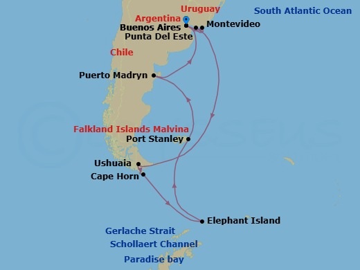 Route map: Buenos Aires → Punta Del Este → Montevideo → Ushuaia → Cape Horn → Gerlache Strait → Paradise Bay → Schollart Channel → Elephant Island → Port Stanley