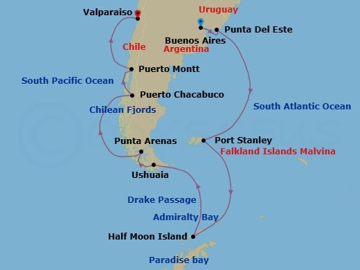 Route map: Buenos Aires → Punta Del Este → Port Stanley → Ushuaia → Punta Arenas → Puerto Chacabuco → Puerto Montt → Valparaiso