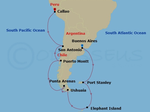 Route map: Buenos Aires → Stanley → Ushuaia → Punta Arenas → Puerto Montt → Santiago (San Antonio) → Lima (Callao)