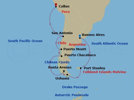 Route map: Buenos Aires → Port Stanley → Ushuaia → Punta Arenas → Puerto Chacabuco → Puerto Montt → Santiago De Chile (San Antonio) → Lima/Machu Picchu (Callao)