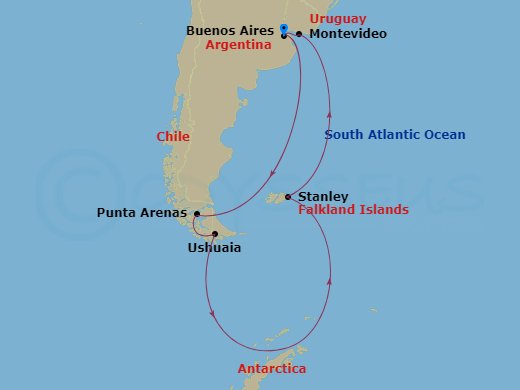 Route map: Buenos Aires, Argentina → Punta Arenas, Chile → Ushuaia (Tierra del Fuego), Argentina → Falkland Islands (Stanley) → Montevideo, Uruguay → Buenos Aires, Argentina