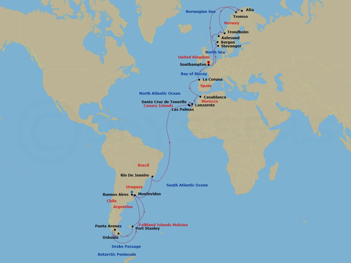 Route map: Buenos Aires, Argentina → Punta Arenas, Chile → Ushuaia (Tierra del Fuego), Argentina → Falkland Islands (Stanley) → Montevideo, Uruguay → Buenos Aires, Argentina → Montevideo, Uruguay → Rio de Janeiro, Brazil → Santa Cruz De Tenerife, Spain → Lanzarote (Arrecife), Canary Islands