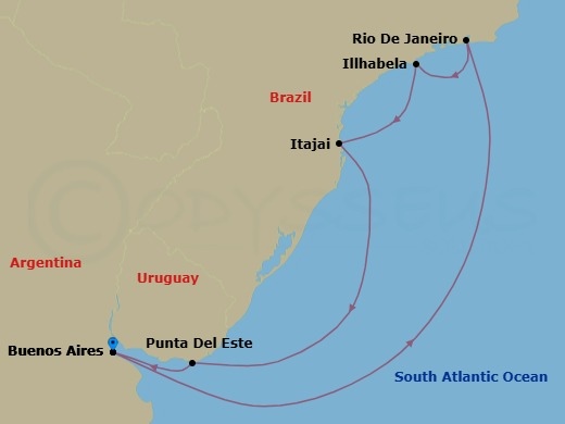 Route map: Buenos Aires → Rio De Janeiro → Illhabela → Itajai → Punta Del Este → Buenos Aires