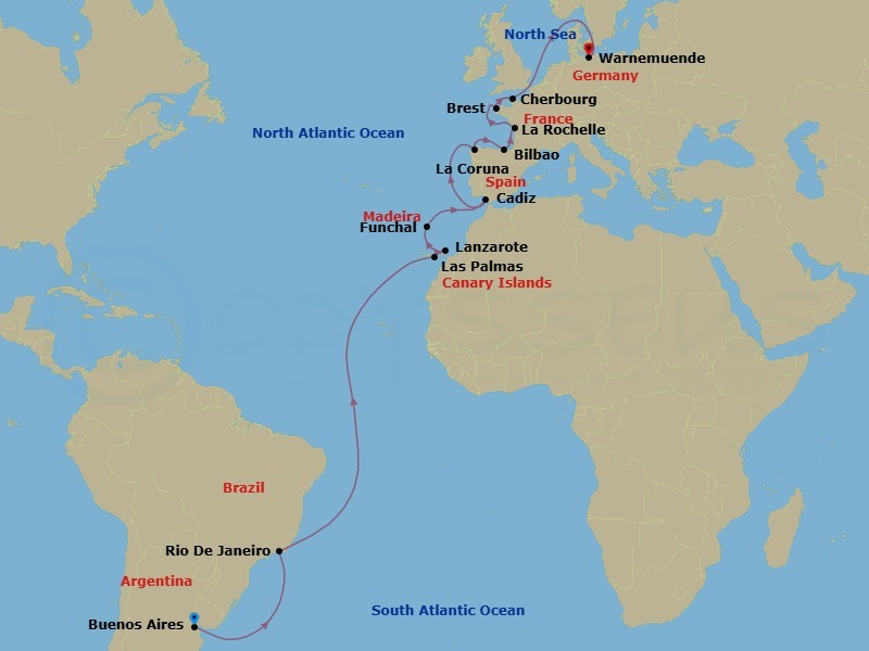 Route map: Buenos Aires → Rio De Janeiro → Las Palmas → Lanzarote → Funchal → Cadiz → La Coruna → Bilbao → La Rochelle → Brest