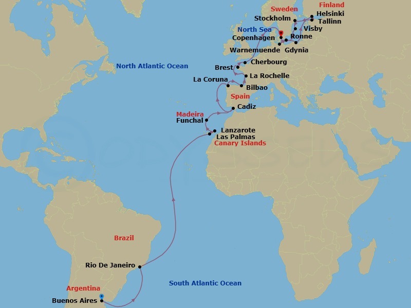Route map: Buenos Aires → Rio De Janeiro → Las Palmas → Lanzarote → Funchal → Cadiz → La Coruna → Bilbao → La Rochelle → Brest