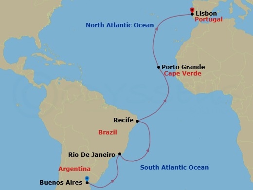 Route map: Buenos Aires, Argentina → Rio De Janeiro, Brazil → Recife, Brazil → Porto Grande, Cape Verde → Lisbon, Portugal