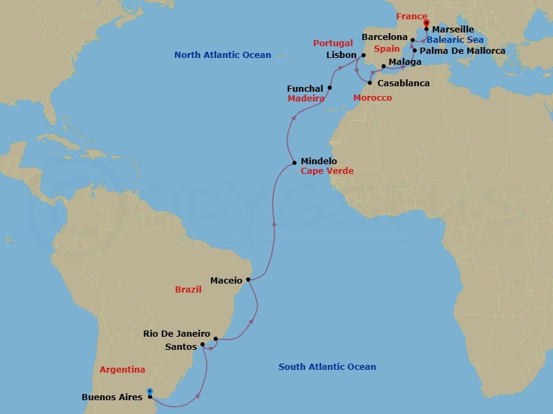 Route map: Buenos Aires → Santos → Rio De Janeiro → Maceio → Mindelo → Funchal → Lisbon → Casablanca → Malaga → Palma De Mallorca