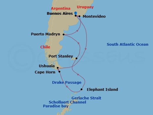 Route map: Buenos Aires, Argentina → Ushuaia, Argentina → Cape Horn, Chile → Gerlache Strait → Paradise Bay, Antarctica → Schollart Channel,Antarctica → Elephant Island, Antarctica → Port Stanley, Falkland Is → Puerto Madryn, Argentina → Montevideo, Uruguay
