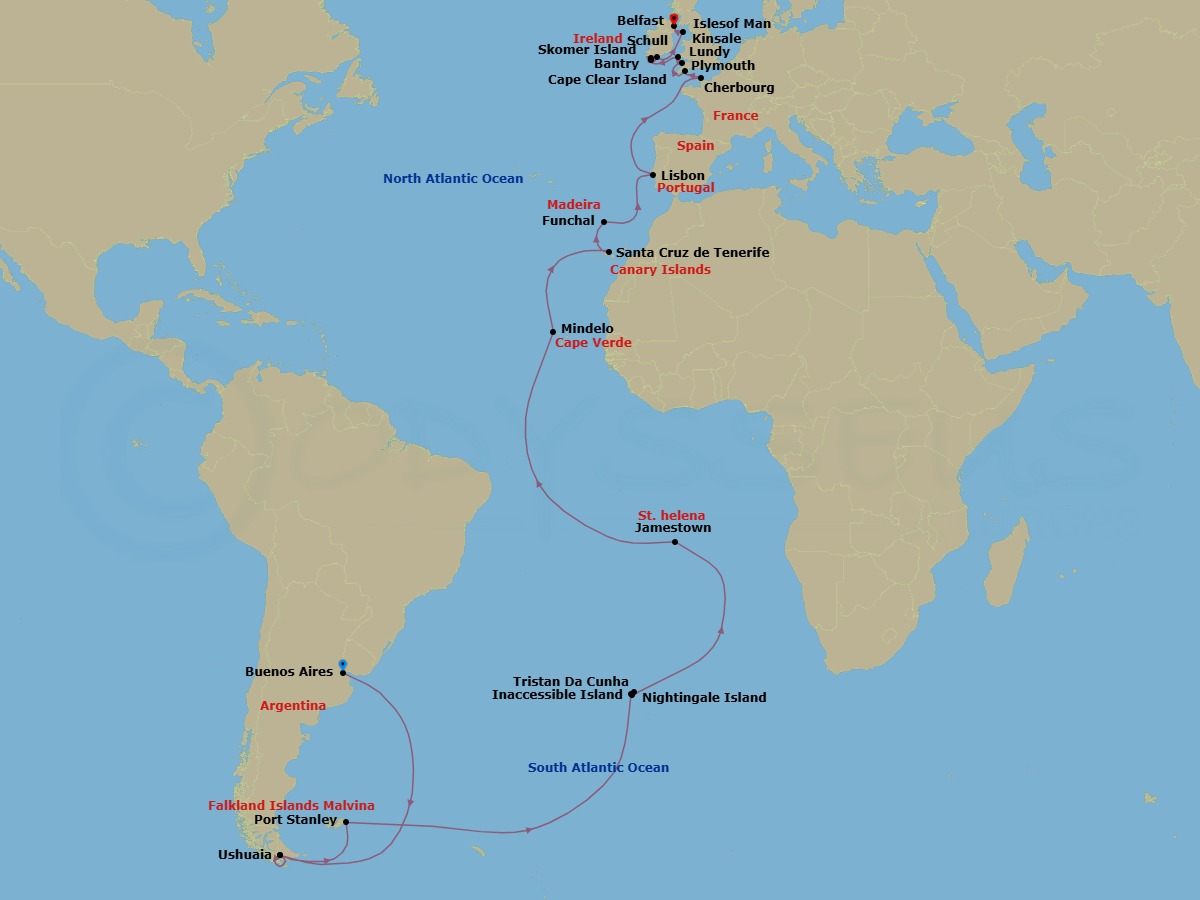 Route map: Buenos Aires, Argentina → Ushuaia, Argentina → Stanley/Falkland Is/Islas Malvinas → The Seabourn South Georgia Experience (Day 1) → The Seabourn South Georgia Experience (Day 2) → The Seabourn South Georgia Experience (Day 3) → Inaccessible Island, St Helena, Ascension & Tristan Da Cunha → Tristan da Cunha, St Helena, Ascension & Tristan da Cunha → Nightingale Island, St Helena, Ascension & Tristan da Cunha → Jamestown, St Helena, Ascension & Tristan Da Cunha