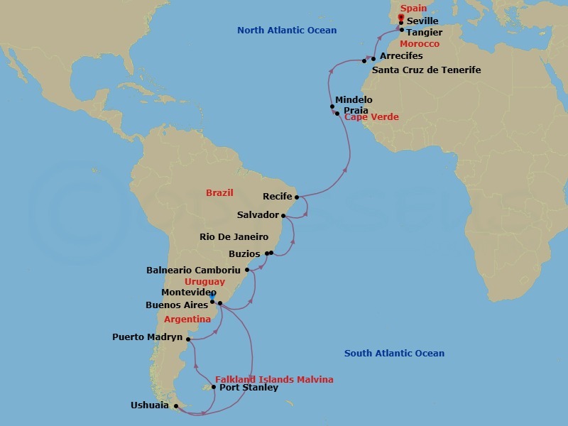 Route map: Buenos Aires, Argentina → Ushuaia, Argentina → Stanley/Falkland Is/Islas Malvinas → Puerto Madryn, Argentina → Montevideo, Uruguay → Camboriu, Brazil → Rio de Janeiro, Brazil → Armacao dos Buzios, Brazil → Salvador da Bahia, Brazil → Recife, Brazil