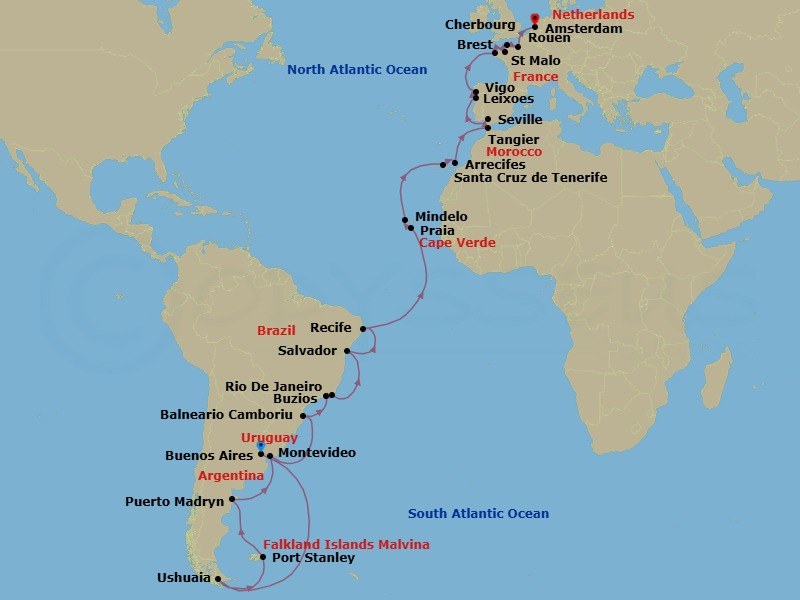 Route map: Buenos Aires, Argentina → Ushuaia, Argentina → Stanley/Falkland Is/Islas Malvinas → Puerto Madryn, Argentina → Montevideo, Uruguay → Camboriu, Brazil → Rio de Janeiro, Brazil → Armacao dos Buzios, Brazil → Salvador da Bahia, Brazil → Recife, Brazil