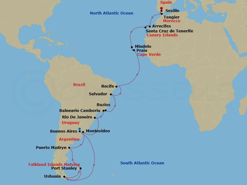 Route map: Buenos Aires, Argentina → Ushuaia, Argentina → The Seabourn South Georgia Experience (Day 1) → The Seabourn South Georgia Experience (Day 2) → The Seabourn South Georgia Experience (Day 3) → Stanley/Falkland Is/Islas Malvinas → Ushuaia, Argentina → Stanley/Falkland Is/Islas Malvinas → Puerto Madryn, Argentina → Montevideo, Uruguay
