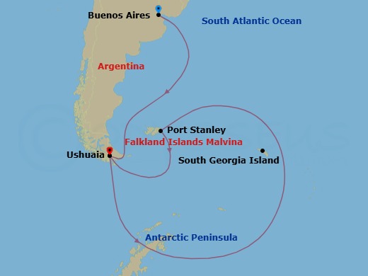 Route map: Buenos Aires → Ushuaia → The Seabourn Falkland Island Experience (Day 3) → Port Stanley → Ushuaia
