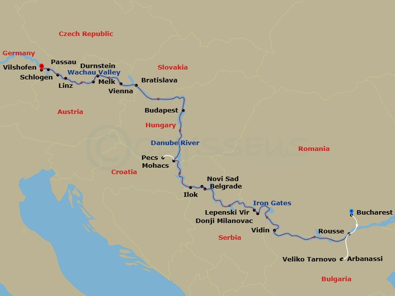Route map: Bucharest, Romania → Bucharest → Rousse, Bulgaria Veliko Tarnovo & Arbanassi Excursion → Vidin → Iron Gates Gorge-Golubac, Serbia Excursion To Lepenski Vir → Belgrade → Novi Sad → Ilok, Croatia → Baja, Hungary Excursion To Pecs And Mohacs → Budapest