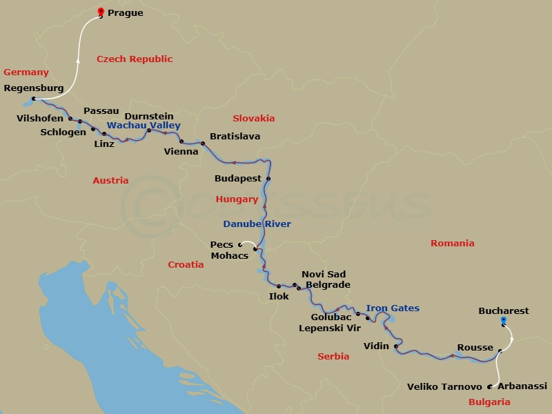 Route map: Bucharest, Romania → Bucharest → Rousse, Bulgaria Veliko Tarnovo & Arbanassi Excursion → Vidin → Iron Gates Gorge-Golubac, Serbia Excursion To Lepenski Vir → Belgrade → Novi Sad → Ilok, Croatia → Baja, Hungary Excursion To Pecs And Mohacs → Budapest