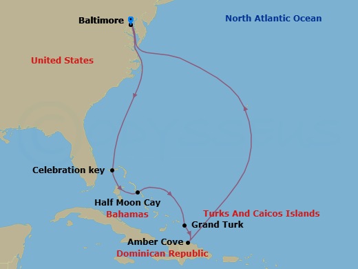 Route map: Baltimore, Md → Celebration Key, The Bahamas → Relaxaway, Half Moon Cay → Grand Turk → Amber Cove, Dominican Republic → Baltimore, Md