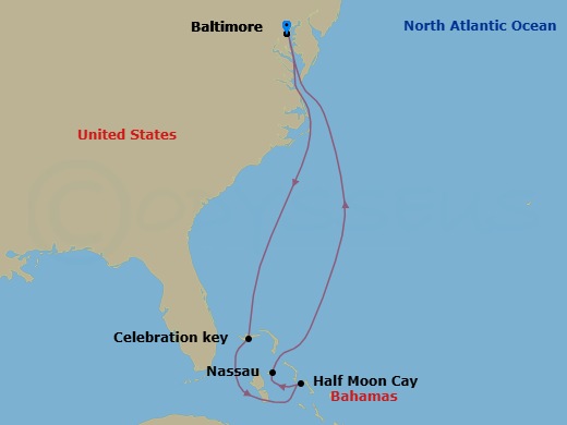 Route map: Baltimore, Md → Celebration Key, The Bahamas → Relaxaway, Half Moon Cay → Nassau, The Bahamas → Baltimore, Md