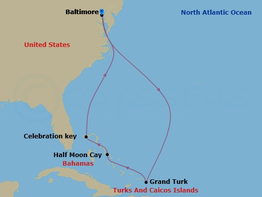 Route map: Baltimore → Grand Turk → Half Moon Cay, The Bahamas → Celebration Key, The Bahamas → Baltimore