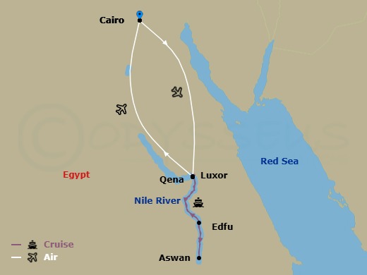 Route map: Cairo → Luxor → Edfu → Aswan → Keglsugl → Luxor → Qena → Luxor → Cairo