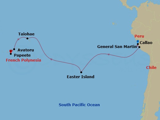 Route map: Callao → General San Martin → Easter Island → Papeete, French Polynesia → Cross International Dateline → Papeete