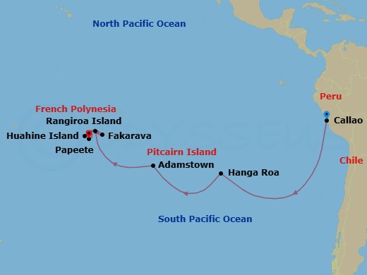 Route map: Lima (Callao) → Hanga Roa → Adamstown (Sightseen Only) → Rangiroa → Fakarava → Huahine → Papeete (Tahiti)