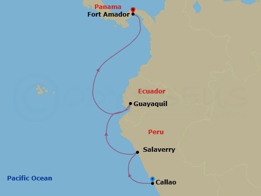 Route map: Lima (Callao) → Salaverry → Guayaquil → Fuerte Amador (Panama City)