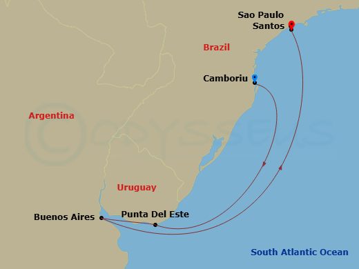 Route map: Camboriu Brazil → Punta Del Este Uruguay → Buenos Aires Argentina → Santos (Sao Paulo) Brazil