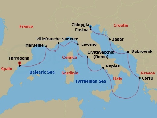 Route map: Venice (Chioggia) → Venice (Fusina) → Zadar → Dubrovnik → Corfu (Kerkyra) → Naples → Rome (Civitavecchia) → Florence/Pisa (Livorno) → Villefranche-Sur-Mer → Marseille