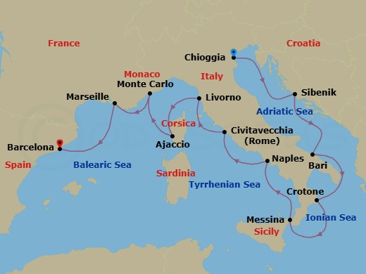 Route map: Venice (Chioggia) → Sibenik → Bari → Crotone → Sicily (Messina) → Naples → Rome (Civitavecchia) → Florence/Pisa (Livorno) → Corsica (Ajaccio) → Monte Carlo