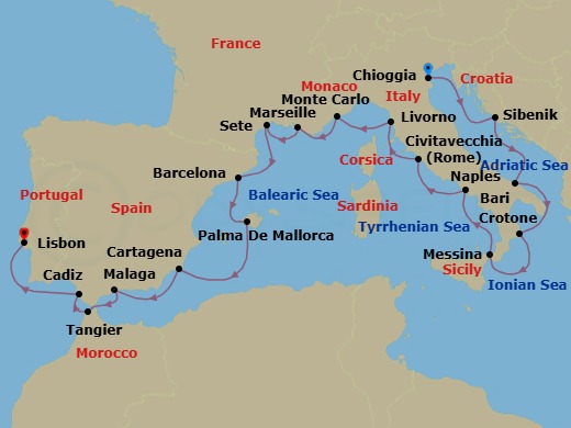 Route map: Venice (Chioggia) → Sibenik → Bari → Crotone → Sicily (Messina) → Naples → Rome (Civitavecchia) → Florence/Pisa (Livorno) → Monte Carlo → Marseille