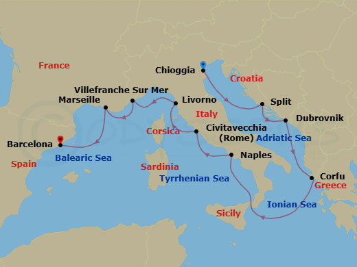 Route map: Venice (Chioggia) → Split → Dubrovnik → Corfu (Kerkyra) → Naples → Rome (Civitavecchia) → Florence/Pisa (Livorno) → Villefranche-Sur-Mer → Marseille → Barcelona