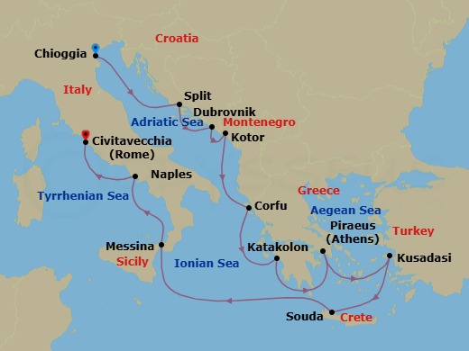 Route map: Venice (Chioggia) → Split → Dubrovnik → Kotor → Corfu (Kerkyra) → Katakolon (Olympia) → Athens (Piraeus) → Ephesus (Kusadasi) → Crete (Souda Bay) → Sicily (Messina)