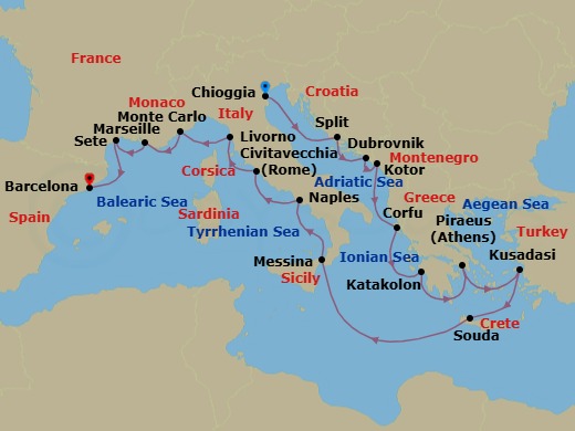 Route map: Venice (Chioggia) → Split → Dubrovnik → Kotor → Corfu (Kerkyra) → Katakolon (Olympia) → Athens (Piraeus) → Ephesus (Kusadasi) → Crete (Souda Bay) → Sicily (Messina)