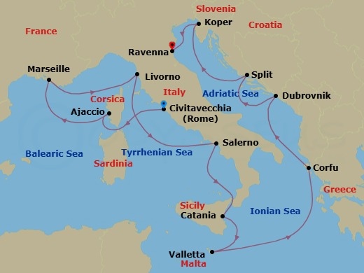Route map: Civitavecchia  Rome, Italy → Ajaccio, France → Provence  Marseille, France → Livorno  Florence Pisa, Italy → Amalfi Coast (Salerno), Italy → Catania, Italy → Valletta, Malta → Corfu, Greece → Dubrovnik, Croatia → Split, Croatia