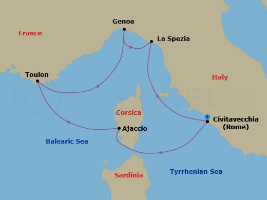 Route map: Civitavecchia (Rome) → Ajaccio (Corsica) → La Seyne(StTropez) → Genova (Portofino) → La Spezia (Florence) → Civitavecchia (Rome)